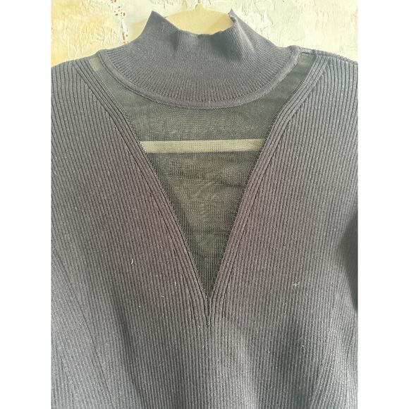 Paola Bernardi Black Ribbed Mock Neck Sheer V Sweater XS - Picture 6 of 9